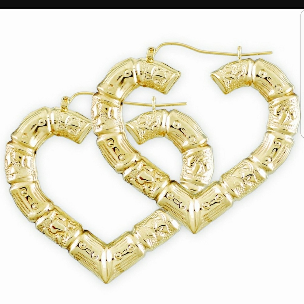 Solid gold 10kt bamboo heart earrings